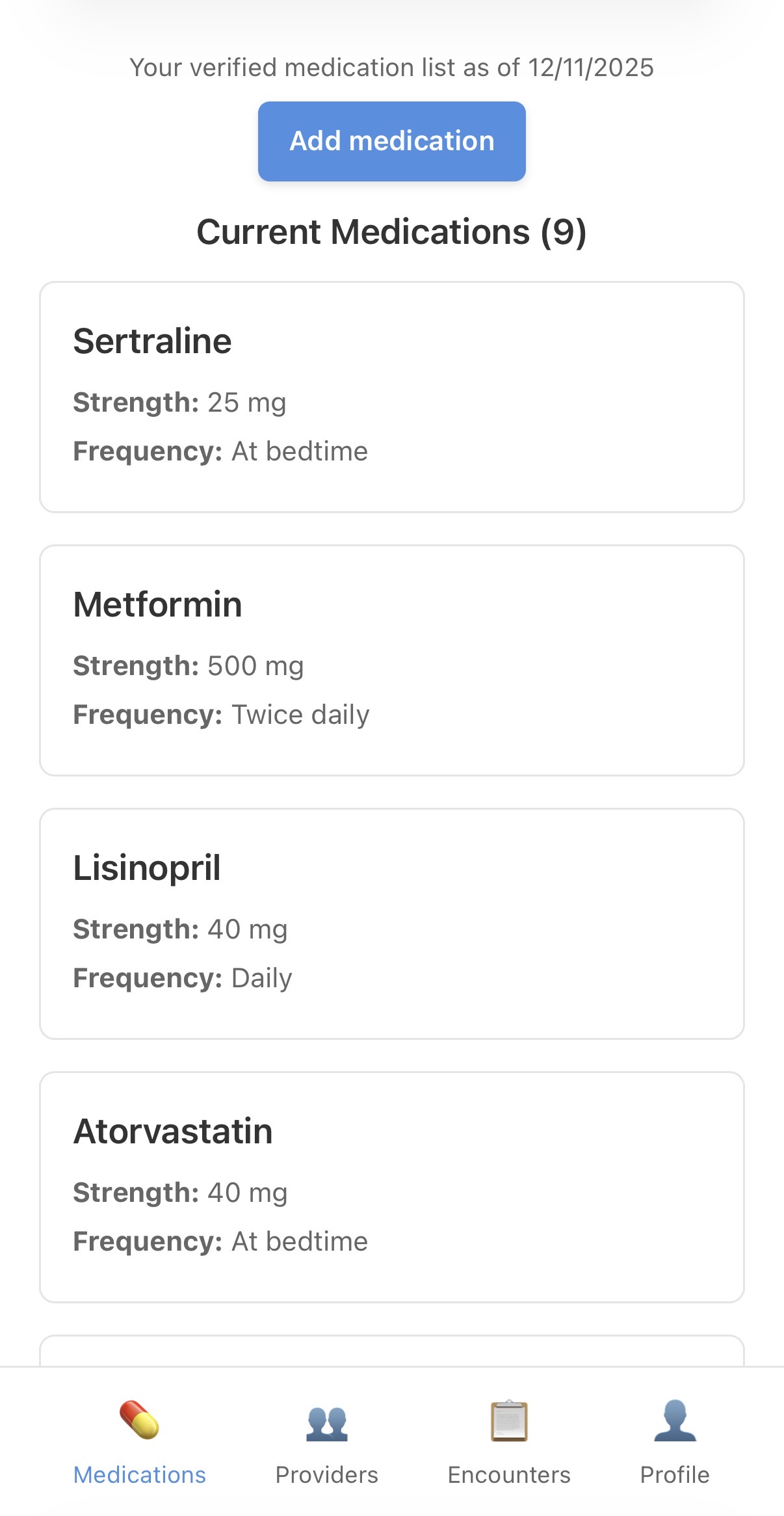 Ventralink medication list interface showing verified medications